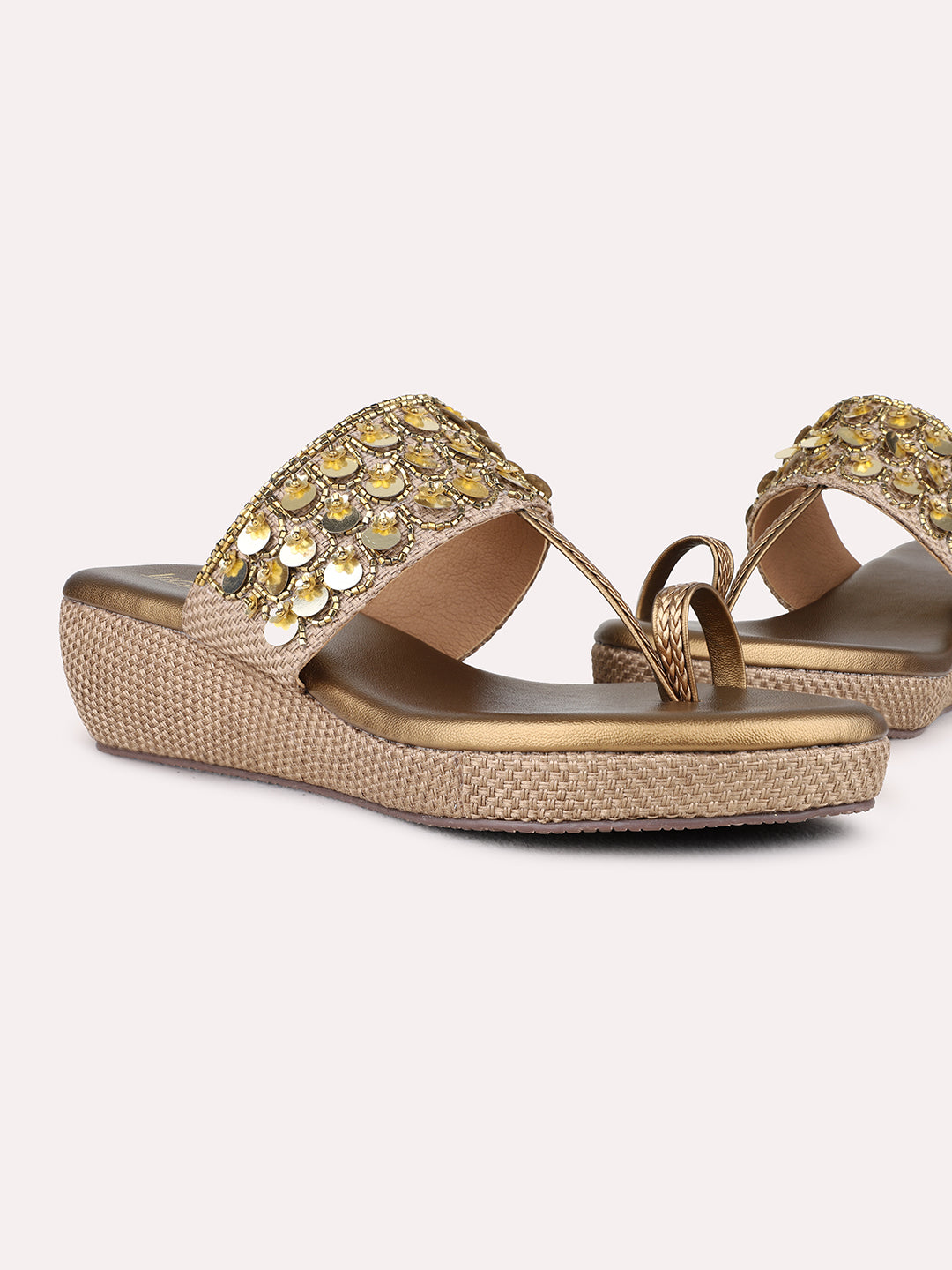 Womens Golden Ethnic Wear Embellished Round Toe Wedge Heel Sandals