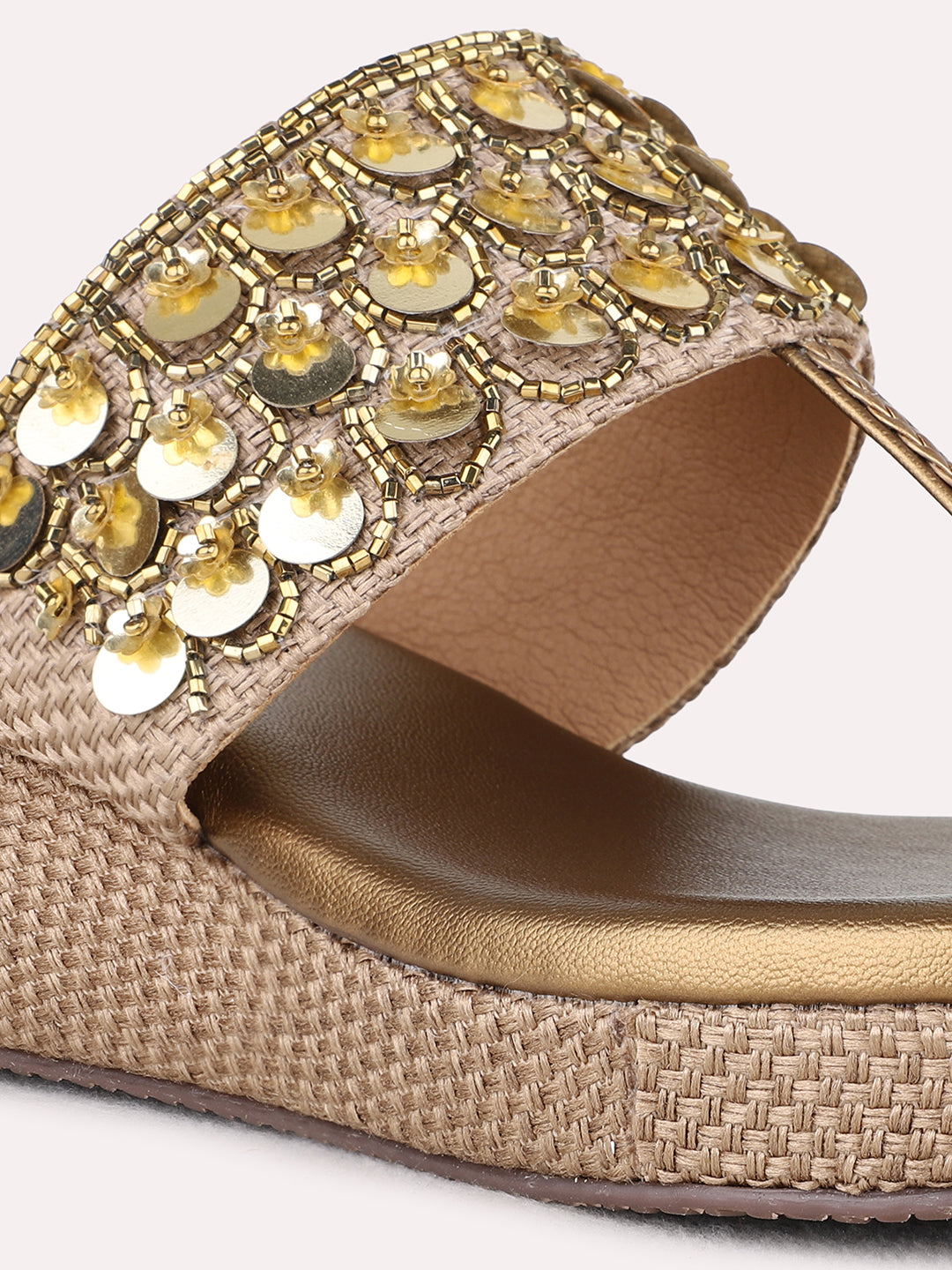 Womens Golden Ethnic Wear Embellished Round Toe Wedge Heel Sandals