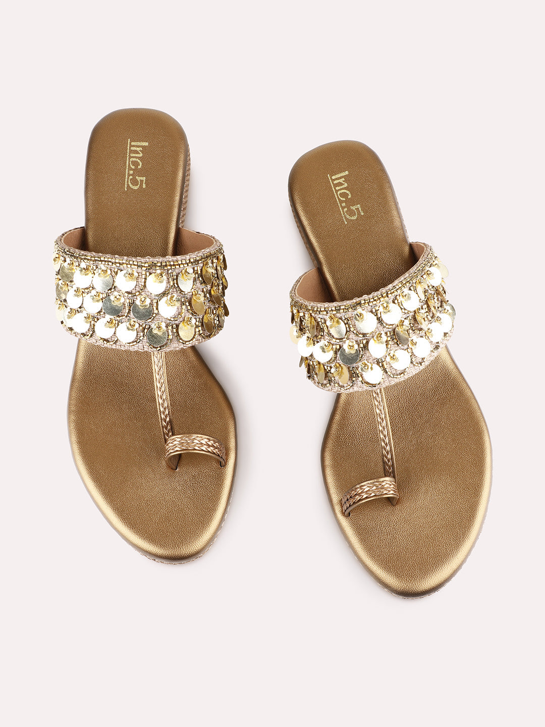 Womens Golden Ethnic Wear Embellished Round Toe Wedge Heel Sandals