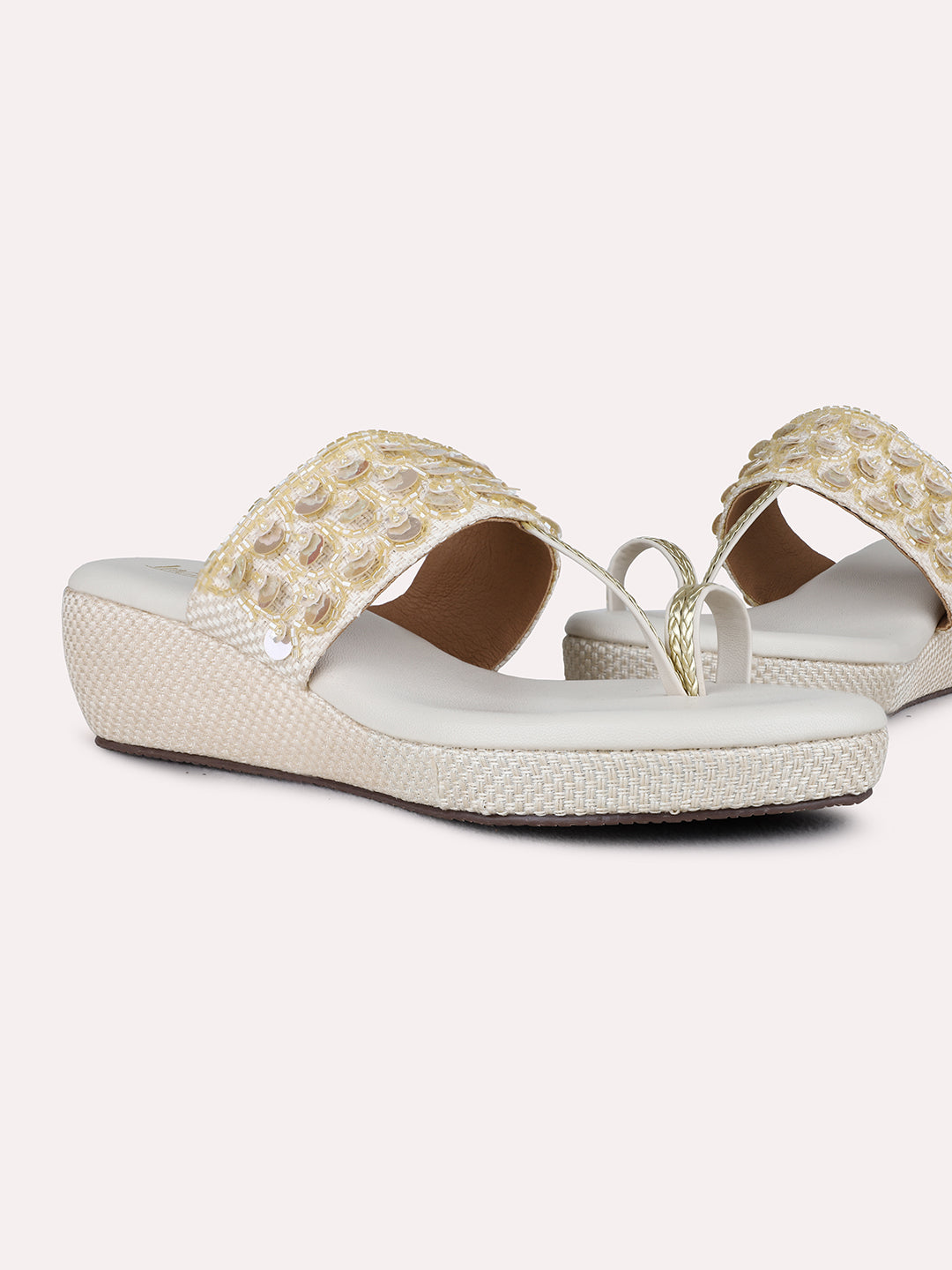 Womens Golden Ethnic Wear Embellished Round Toe Wedge Heel Sandals