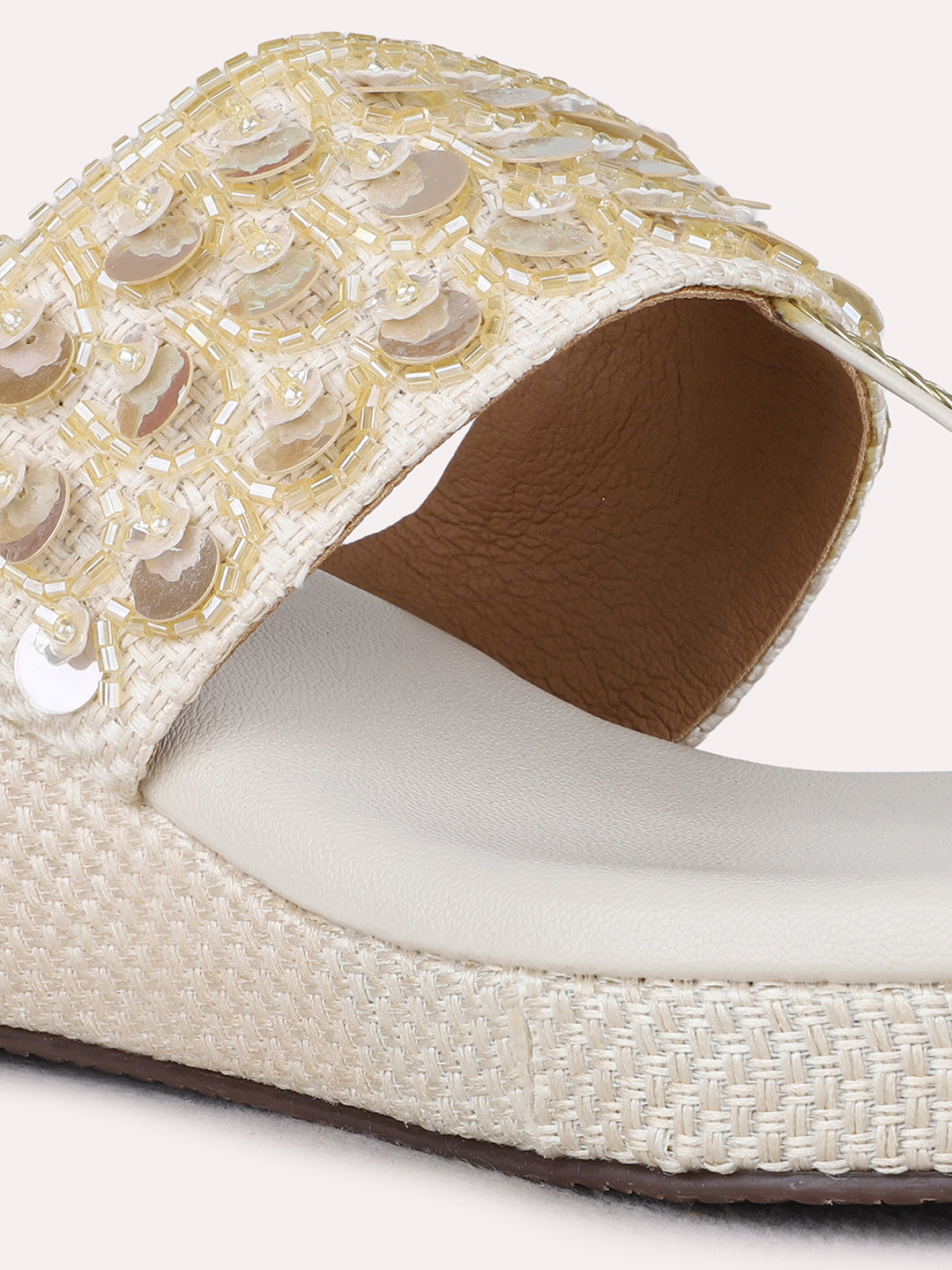 Womens Golden Ethnic Wear Embellished Round Toe Wedge Heel Sandals