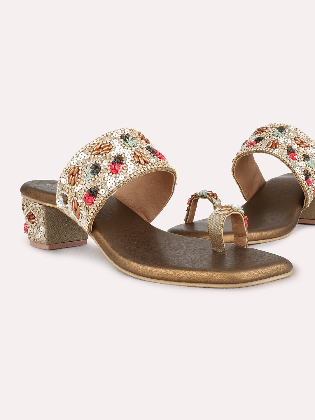 Womens Golden Ethnic Wear Embellished Square Toe Block Heels