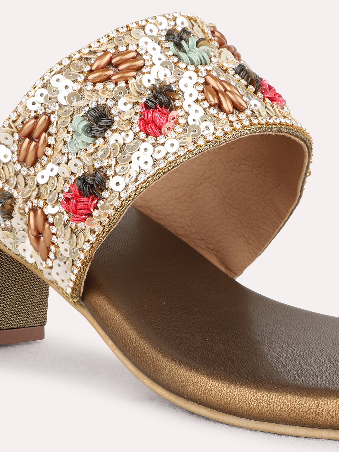 Womens Golden Ethnic Wear Embellished Square Toe Block Heel Sandals
