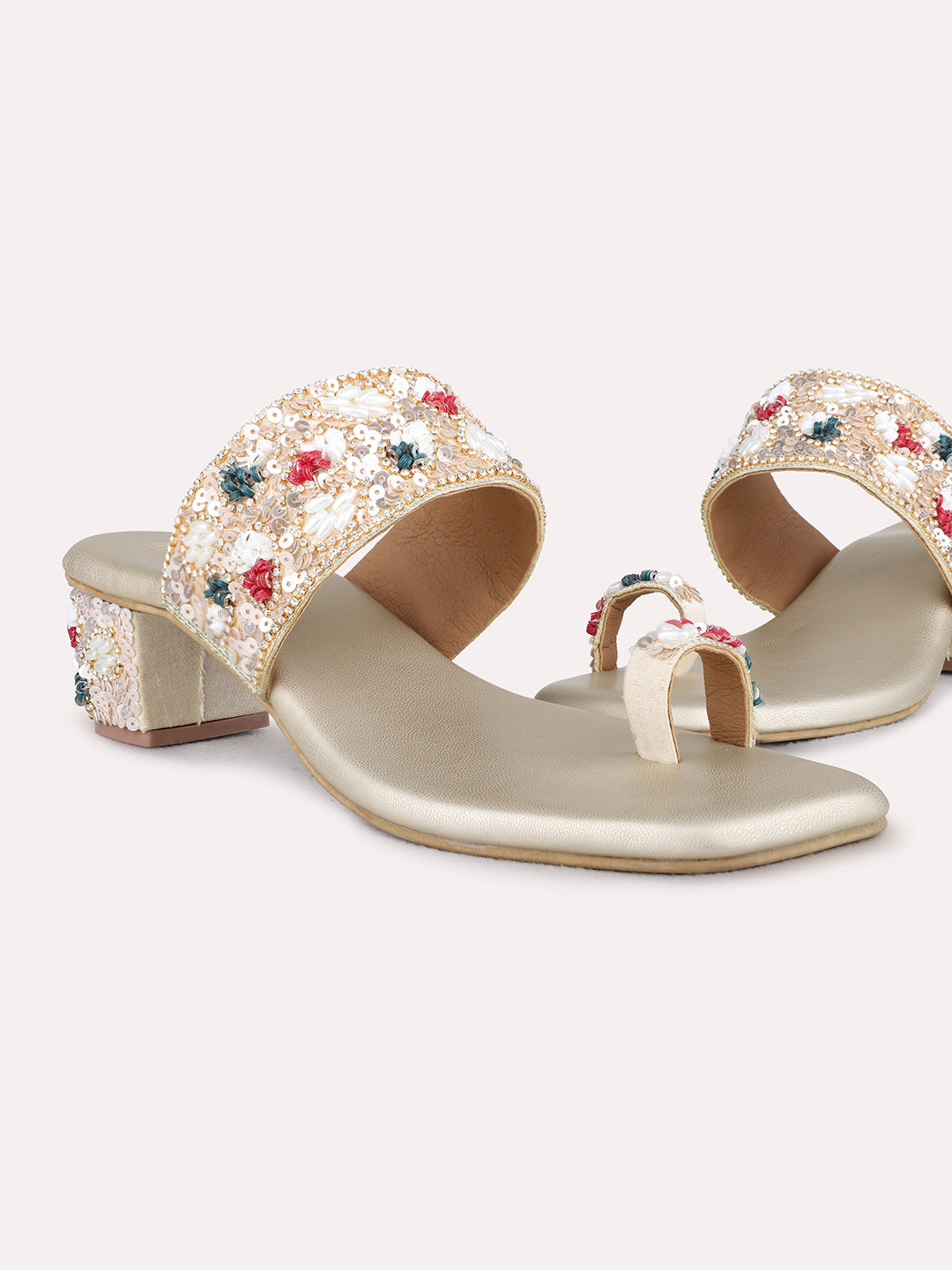 Womens Golden Ethnic Wear Embellished Square Toe Block Heels