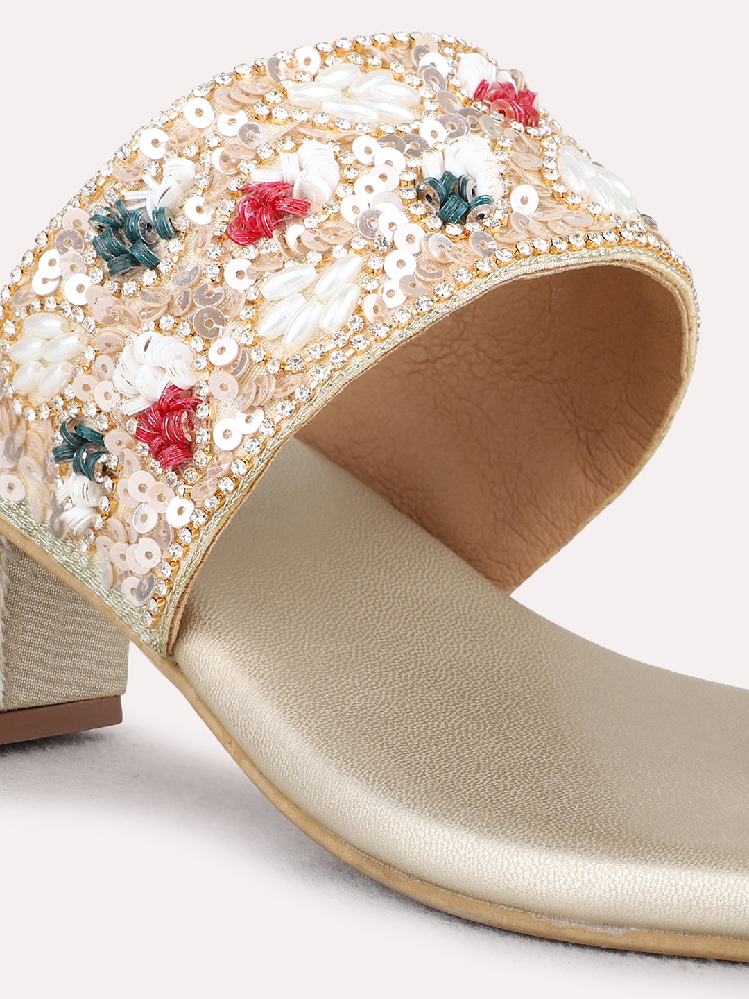 Womens Golden Ethnic Wear Embellished Square Toe Block Heels