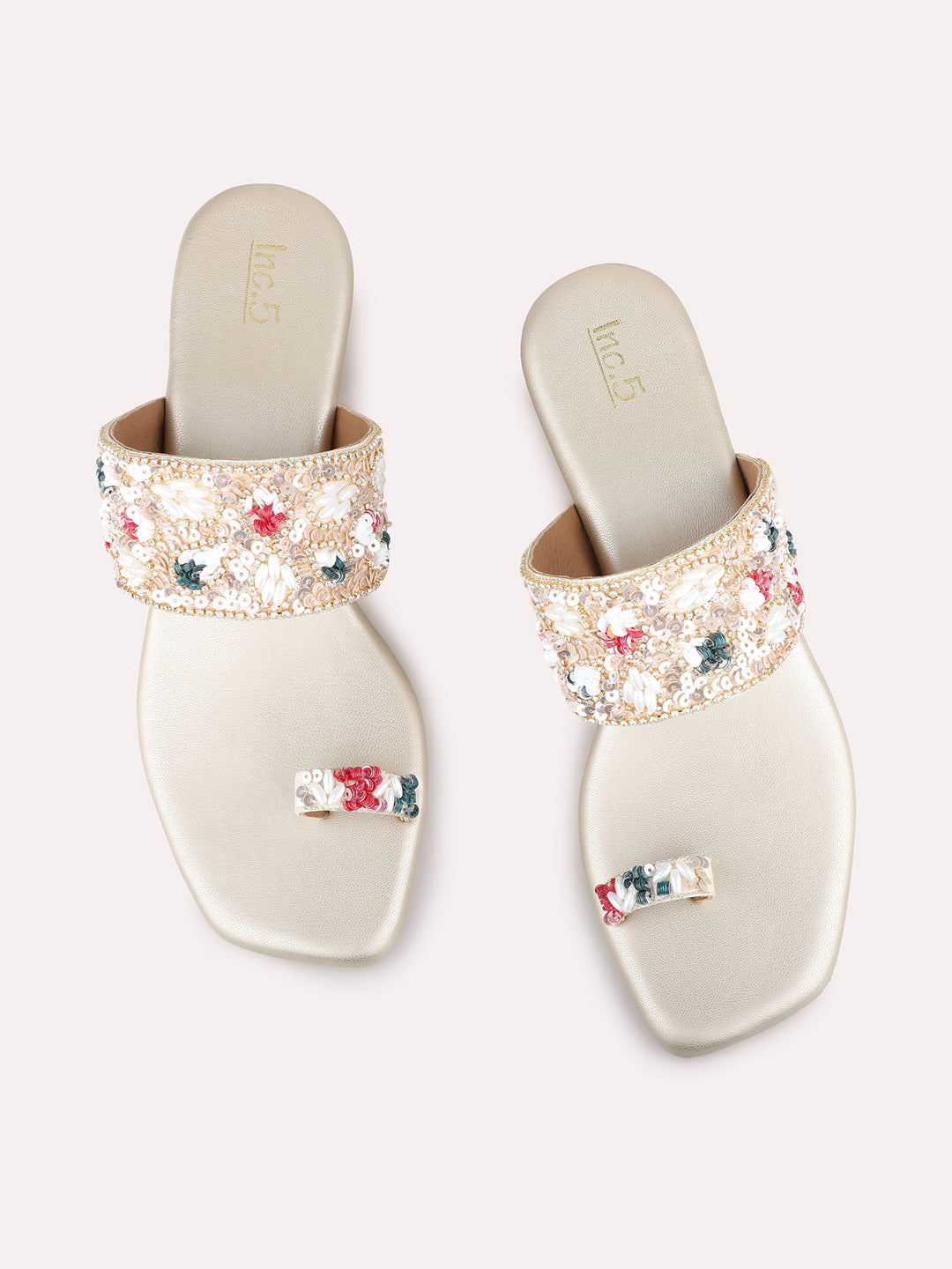 Womens Golden Ethnic Wear Embellished Square Toe Block Heels