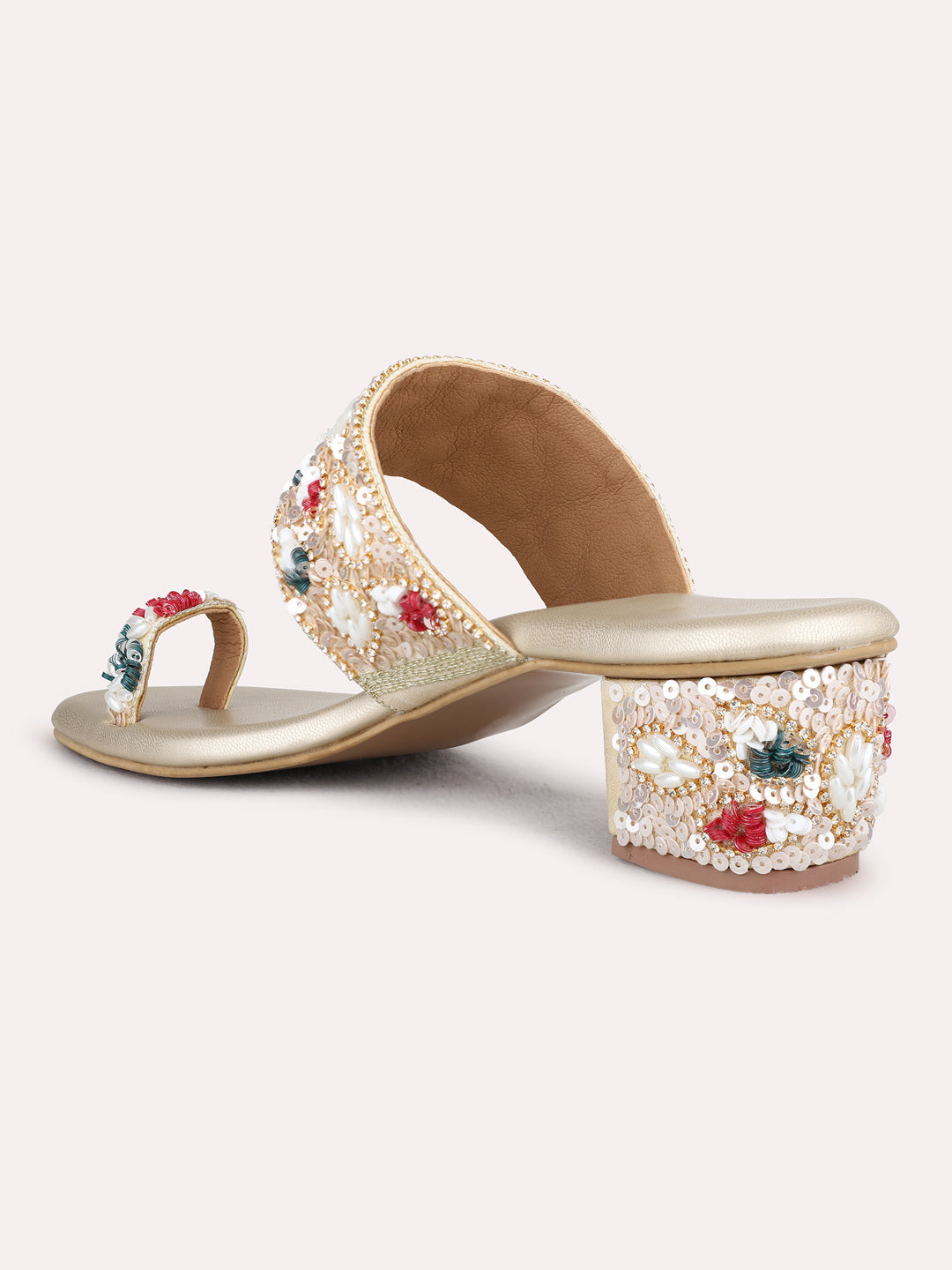 Womens Golden Ethnic Wear Embellished Square Toe Block Heels