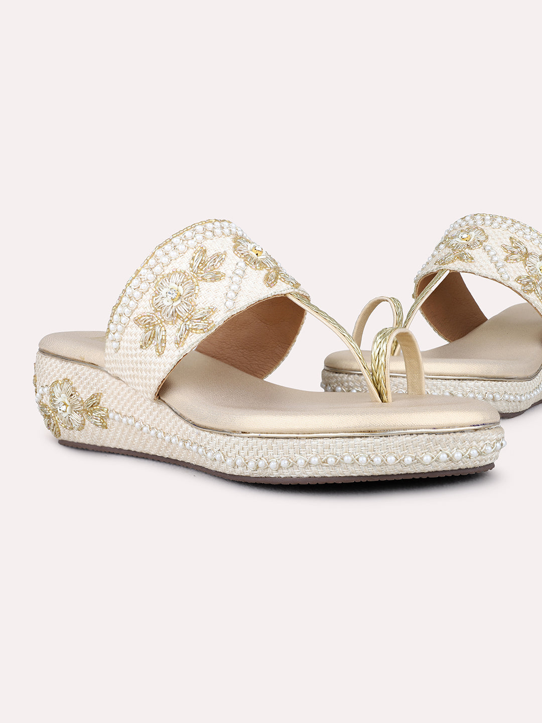 Womens Golden Ethnic Wear Embellished Round Toe Wedge Heels