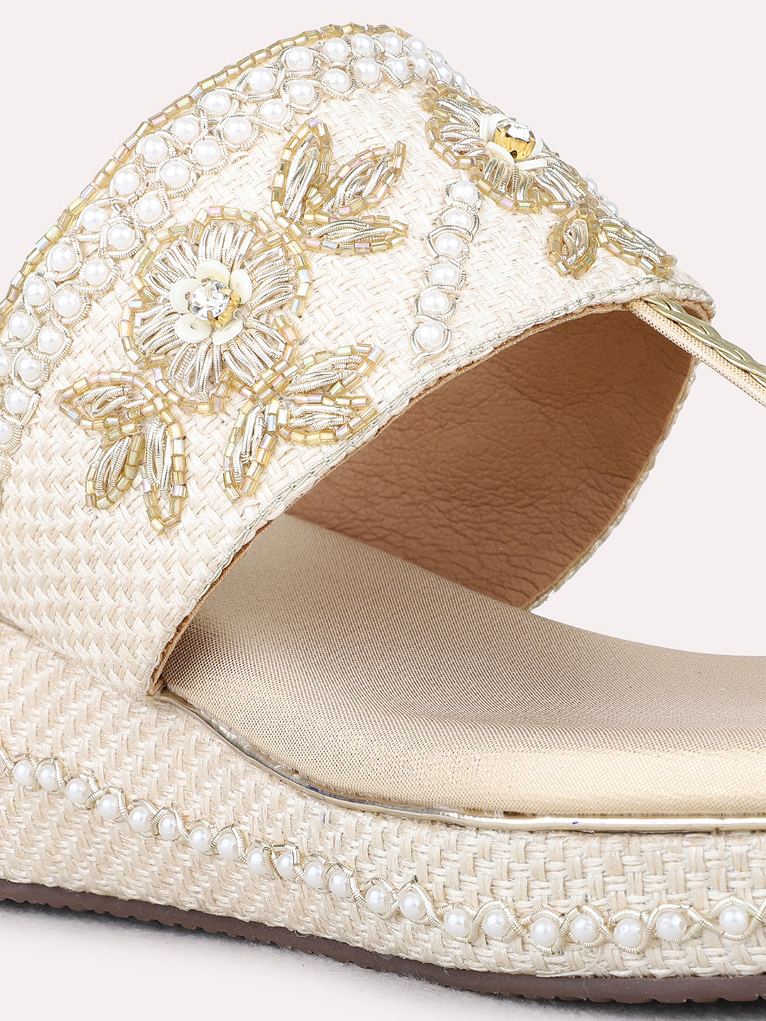 Womens Golden Ethnic Wear Embellished Round Toe Wedge Heels