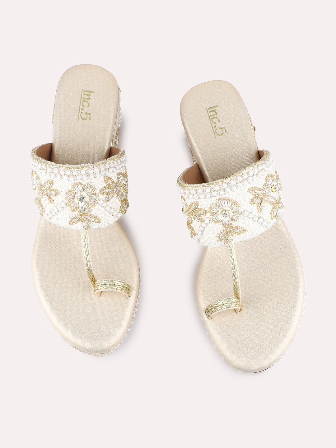 Womens Golden Ethnic Wear Embellished Round Toe Wedge Heels