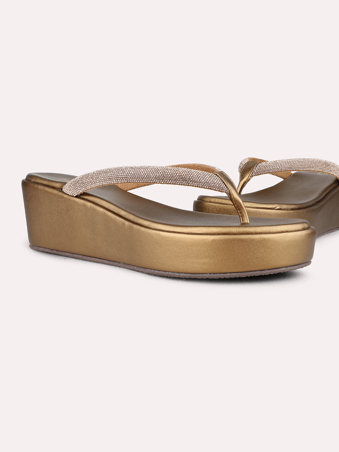 Womens Golden Ethnic Wear Embellished Round Toe Wedge Heel Sandals
