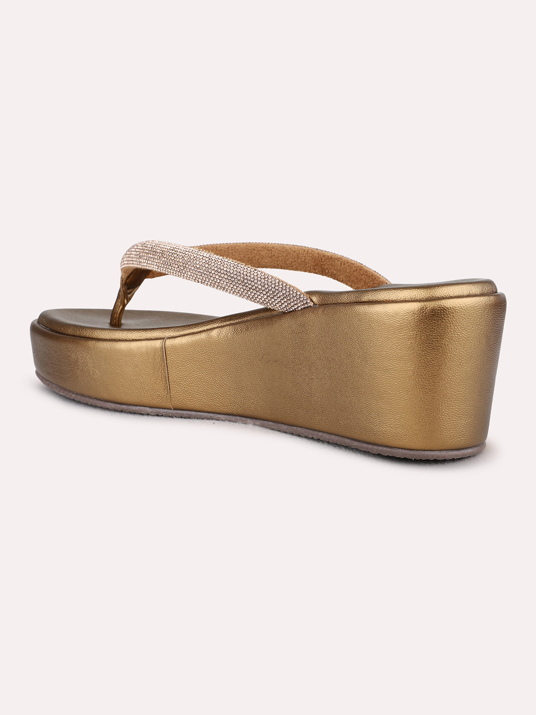 Womens Golden Ethnic Wear Embellished Round Toe Wedge Heel Sandals
