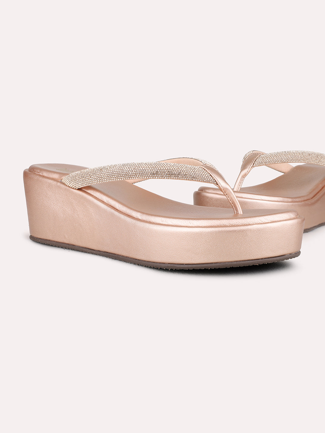 Womens Rose Gold Ethnic Wear Embellished Round Toe Wedge Heel Sandals