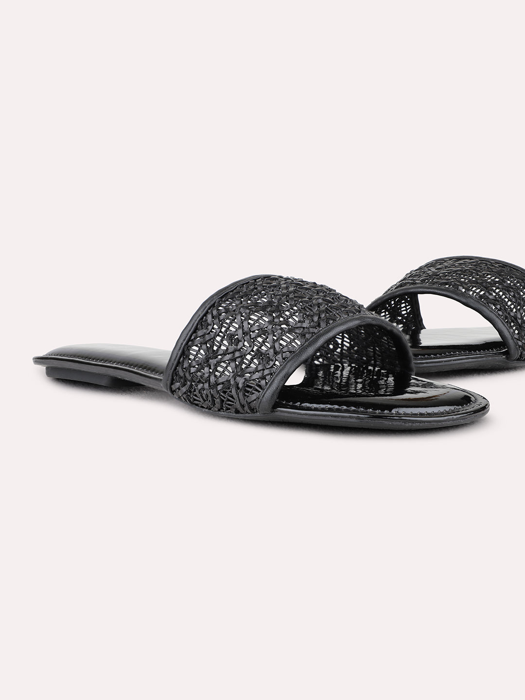 Womens Black Casual Solid Open Toe Flat Sandals