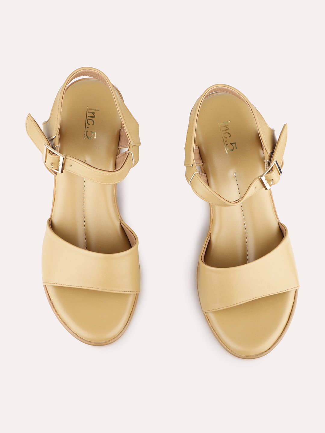 Womens Beige Party Wear Solid Round Toe Platform Heel Sandals