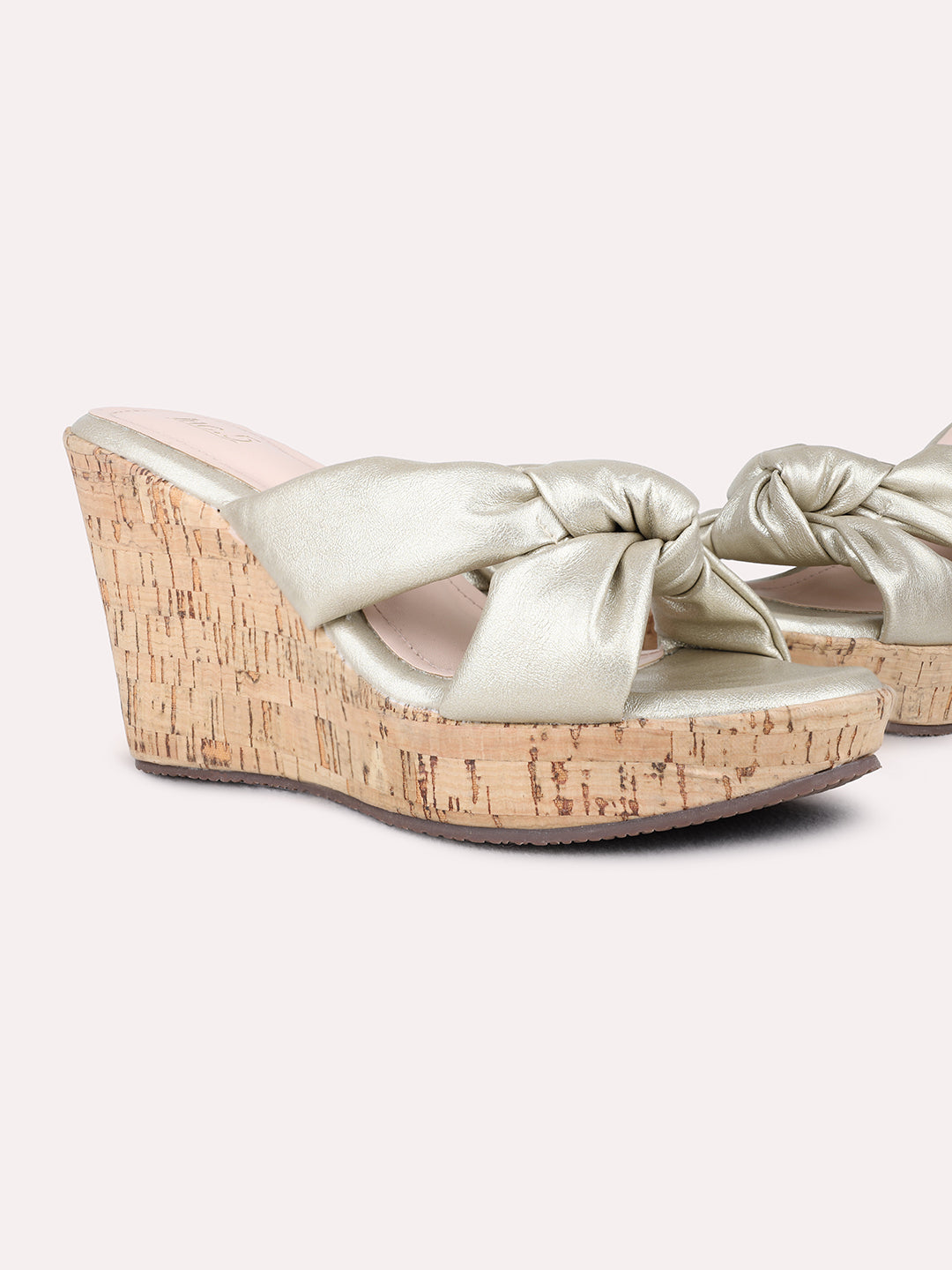 Womens Golden Party Wear Solid Round Toe Wedge Heel Sandals