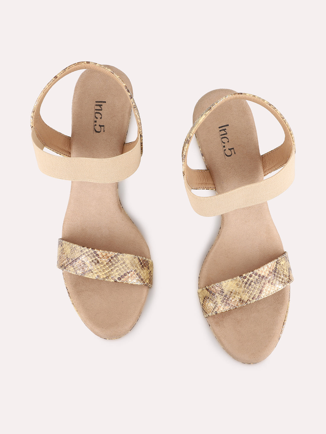 Womens Beige Party Wear Printed Round Toe Platform Heel Sandals