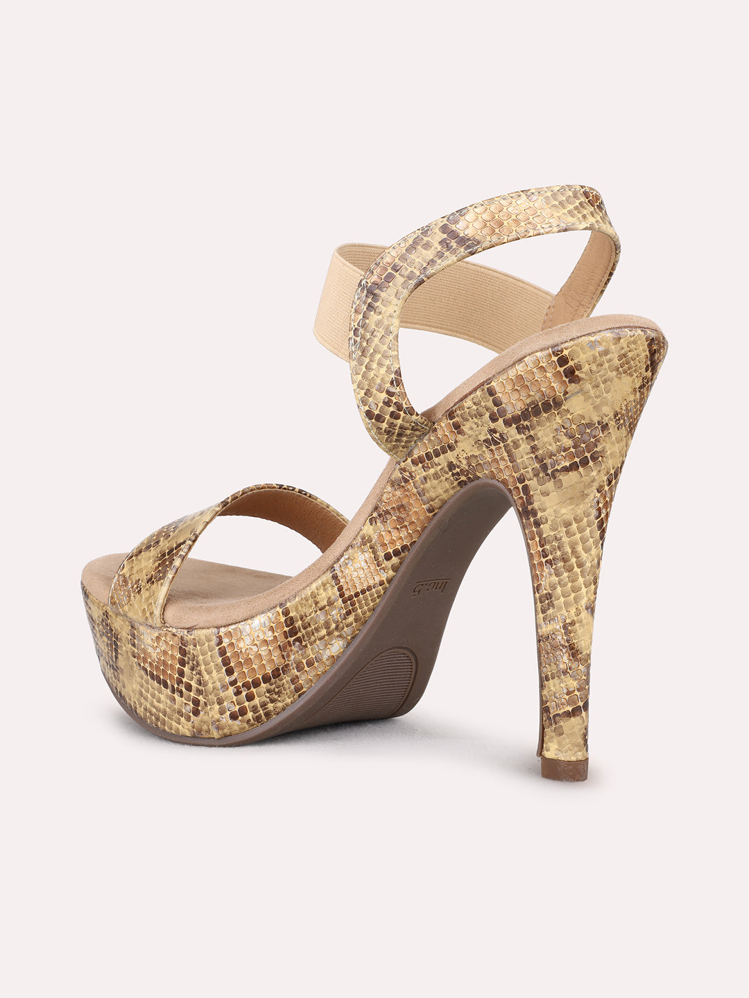 Womens Beige Party Wear Printed Round Toe Platform Heel Sandals