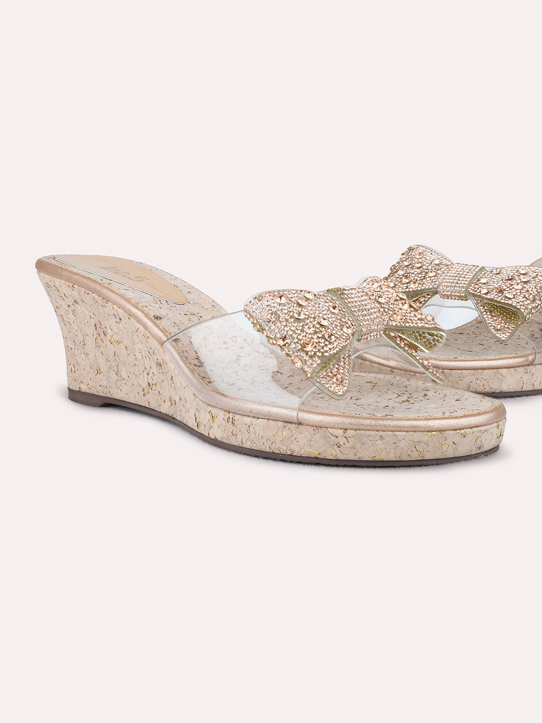 Womens Golden Party Wear Transparent Round Toe Wedge Heel Sandals