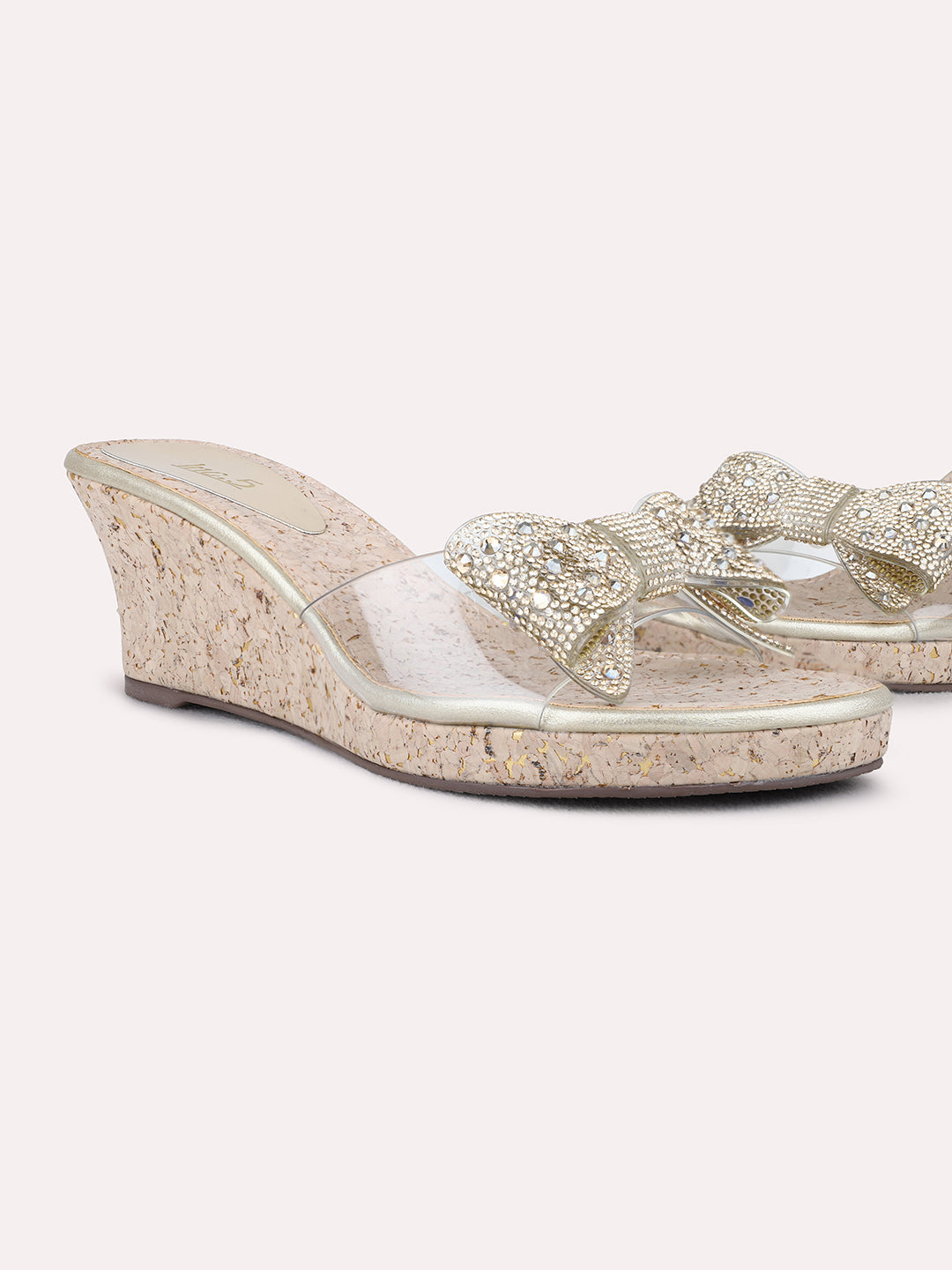 Womens Rose Gold Party Wear Transparent Round Toe Wedge Heel Sandals