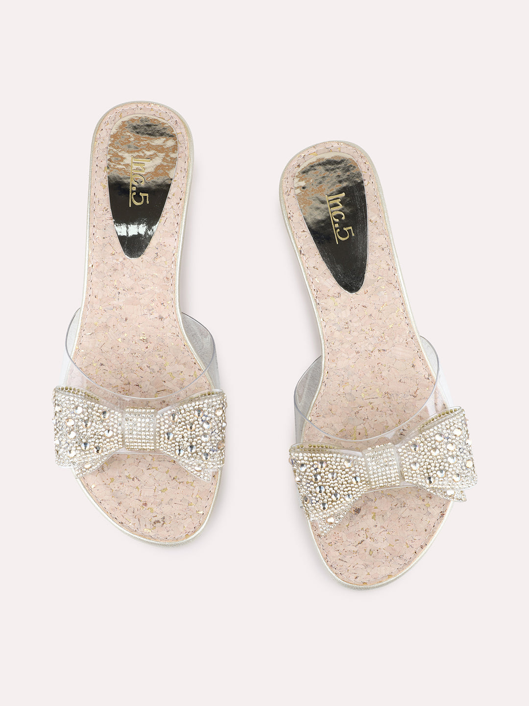 Womens Rose Gold Party Wear Transparent Round Toe Wedge Heels