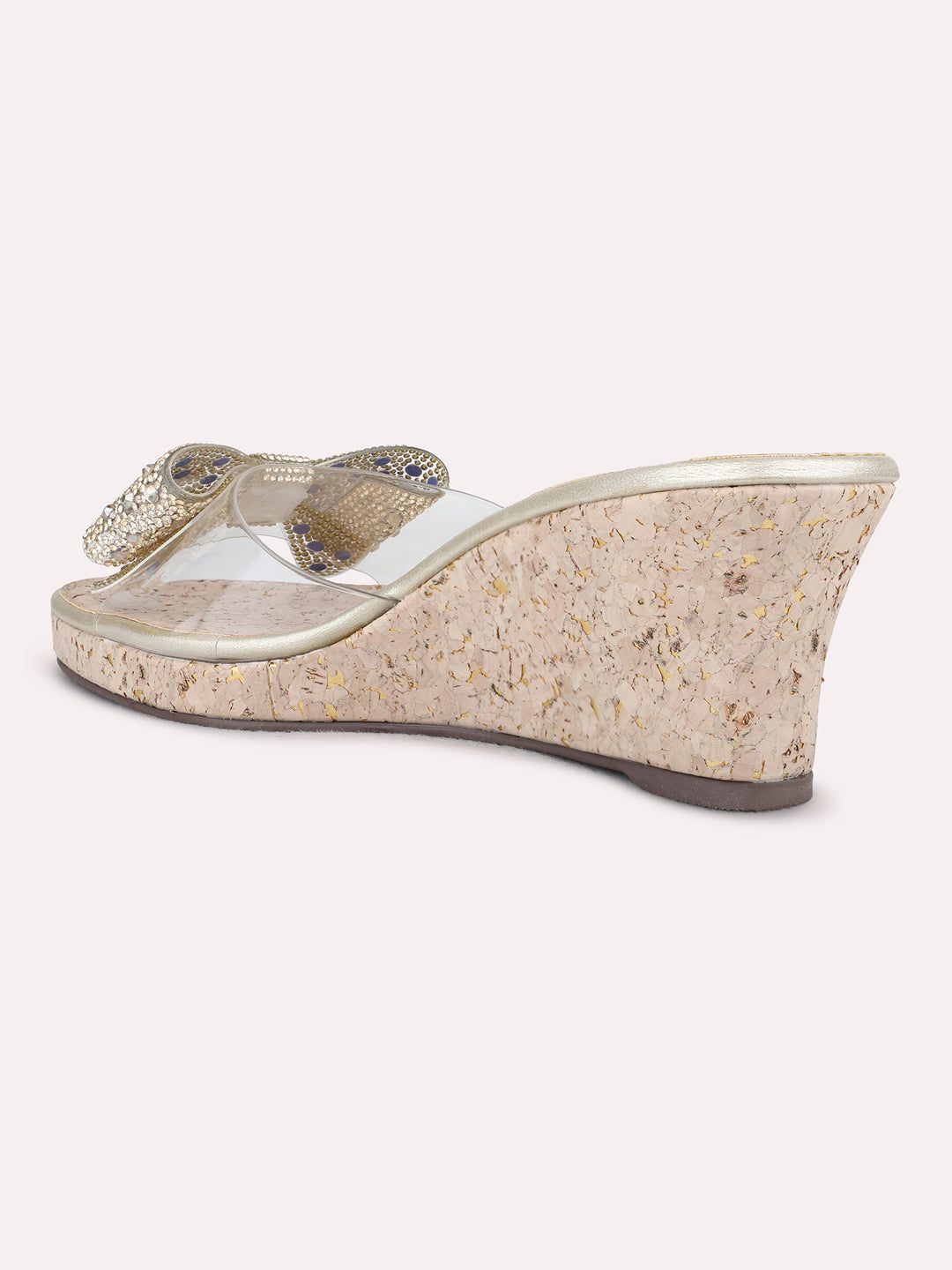 Womens Rose Gold Party Wear Transparent Round Toe Wedge Heel Sandals