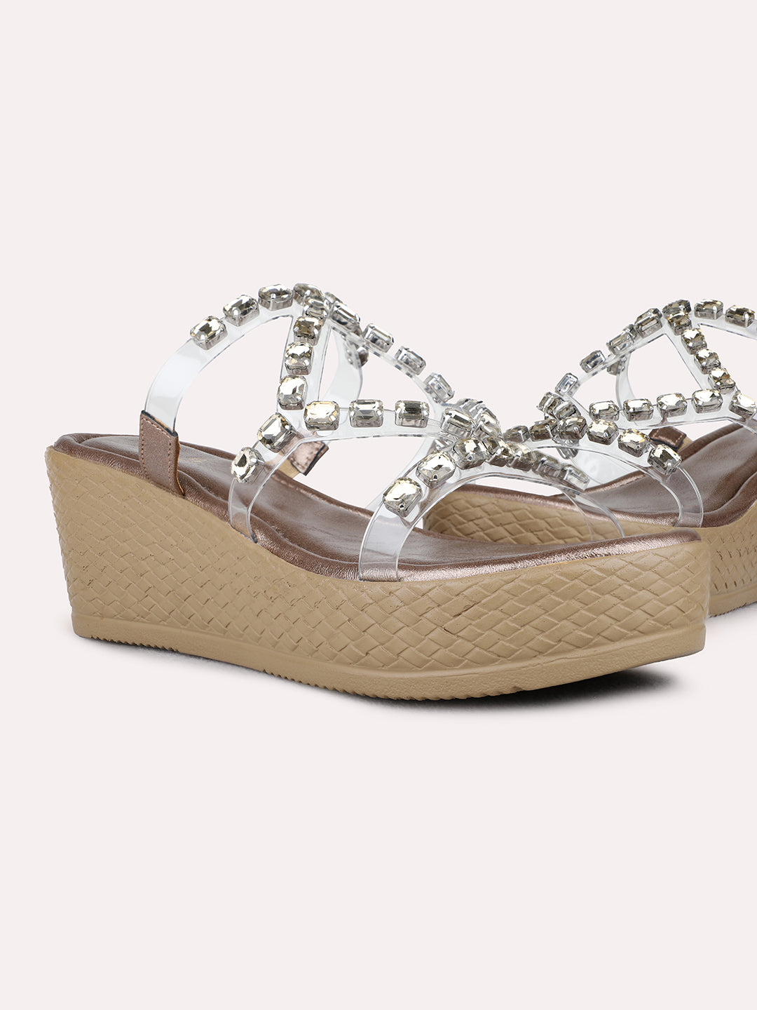 Womens Golden Ethnic Wear Embellished Round Toe Wedge Heel Sandals