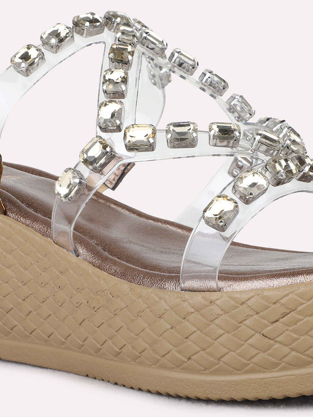 Womens Golden Ethnic Wear Embellished Round Toe Wedge Heel Sandals