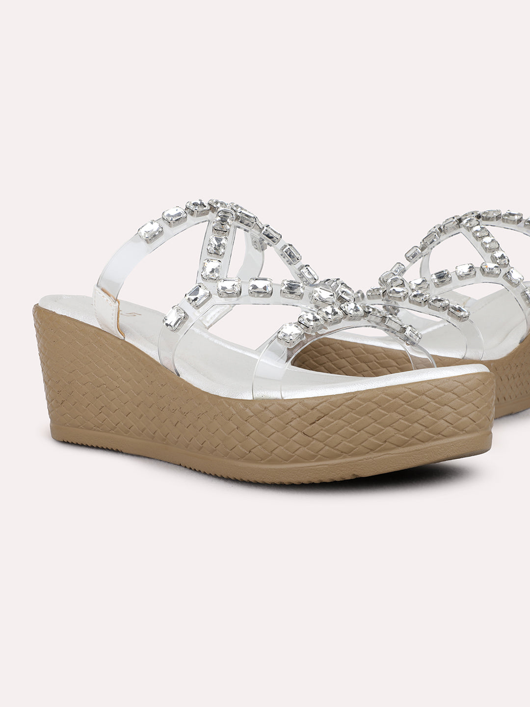 Womens Silver Ethnic Wear Embellished Round Toe Wedge Heel Sandals