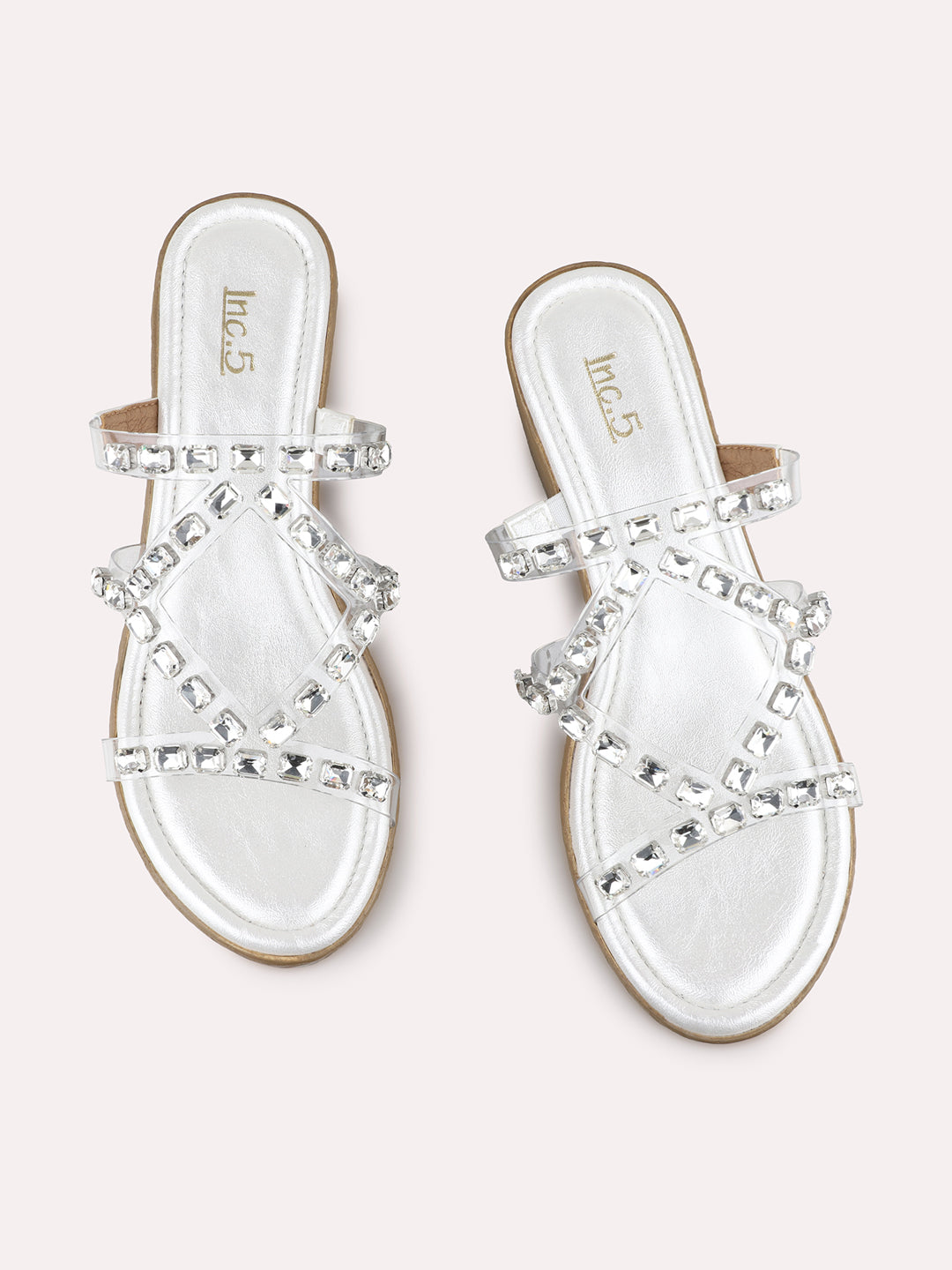 Womens Silver Ethnic Wear Embellished Round Toe Wedge Heel Sandals