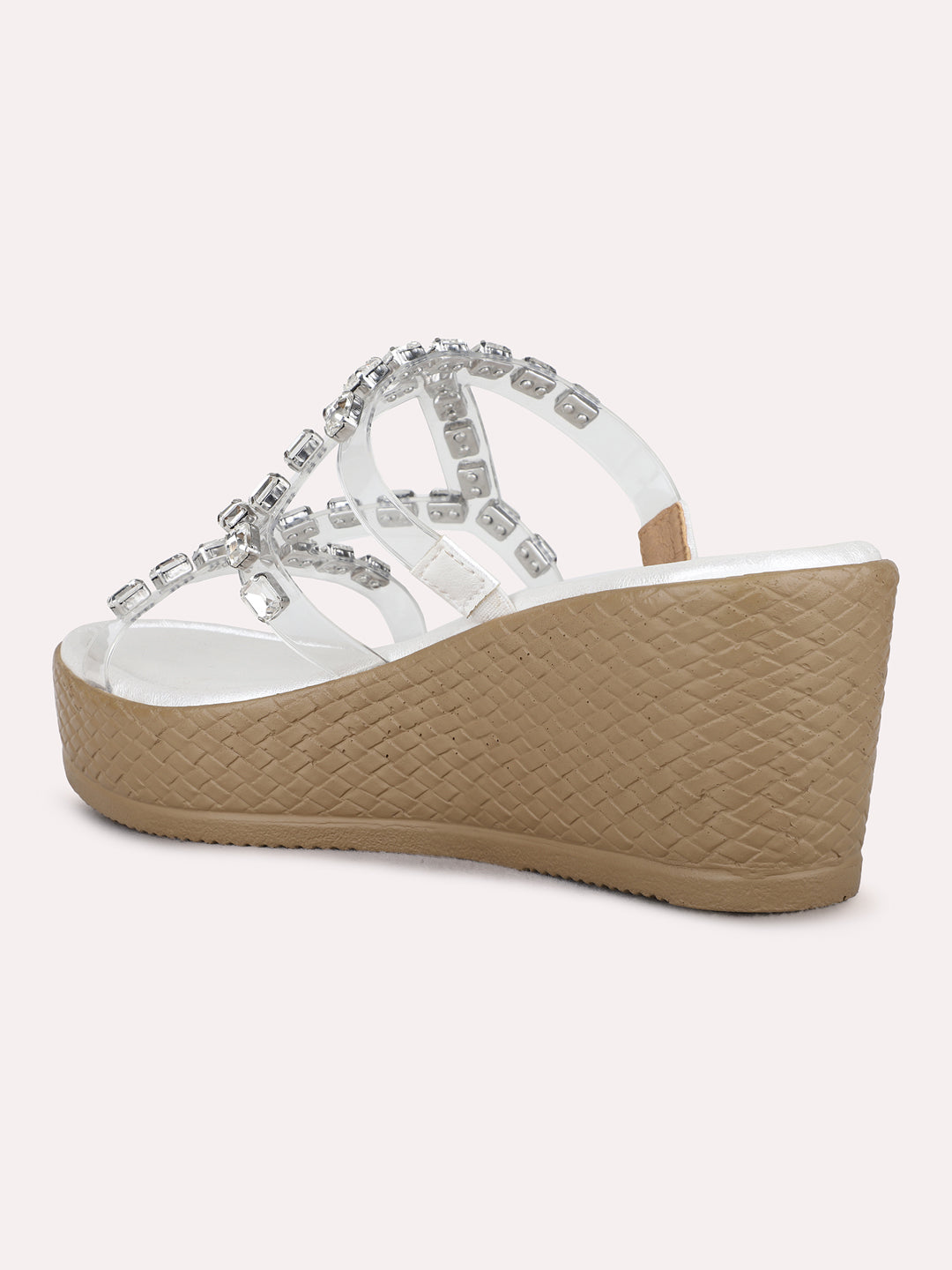 Womens Silver Ethnic Wear Embellished Round Toe Wedge Heel Sandals