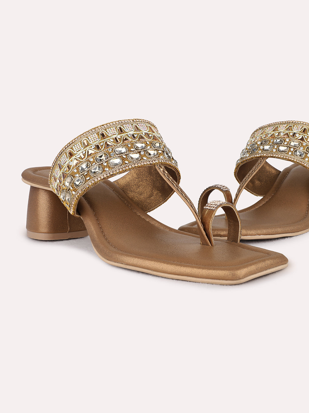 Womens Golden Ethnic Wear Embellished Square Toe Block Heel Sandals