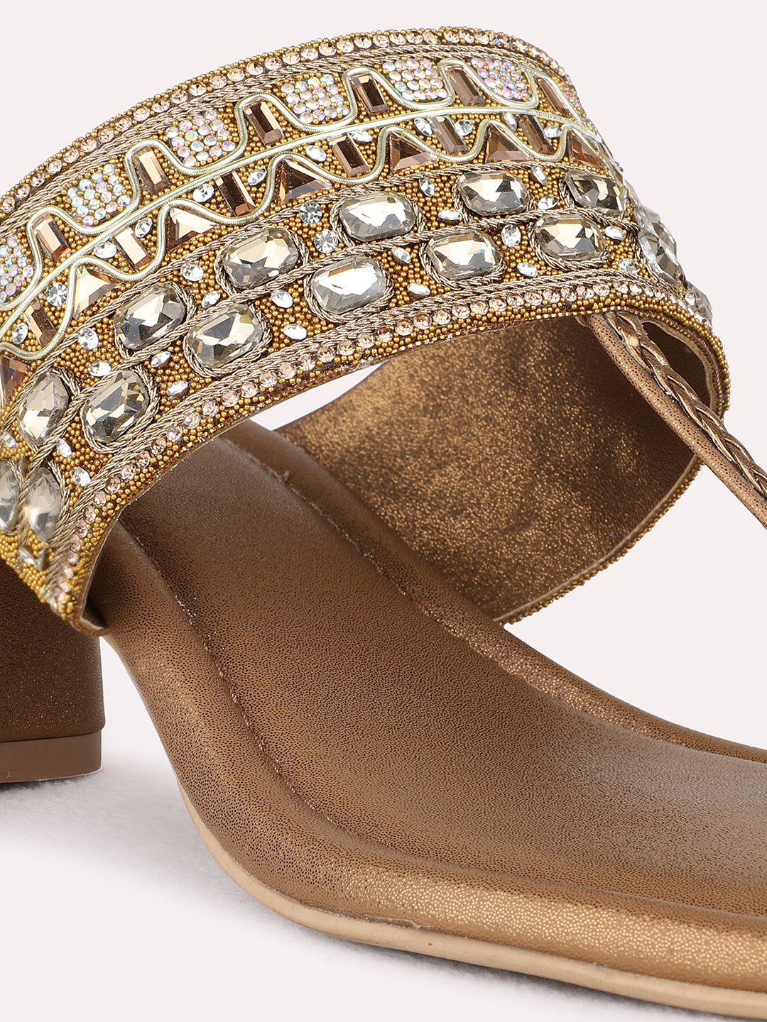 Womens Golden Ethnic Wear Embellished Square Toe Block Heel Sandals
