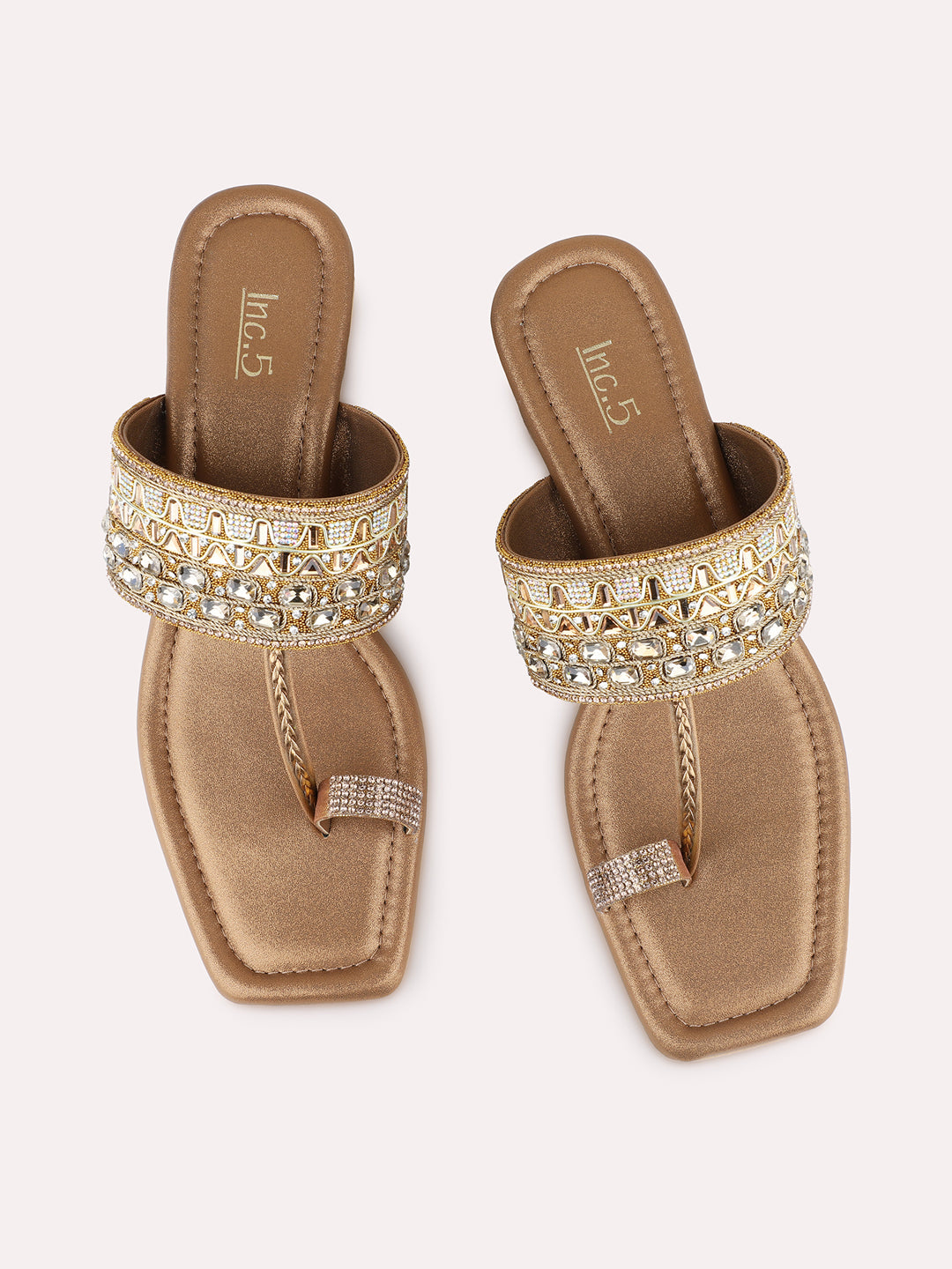 Womens Golden Ethnic Wear Embellished Square Toe Block Heel Sandals