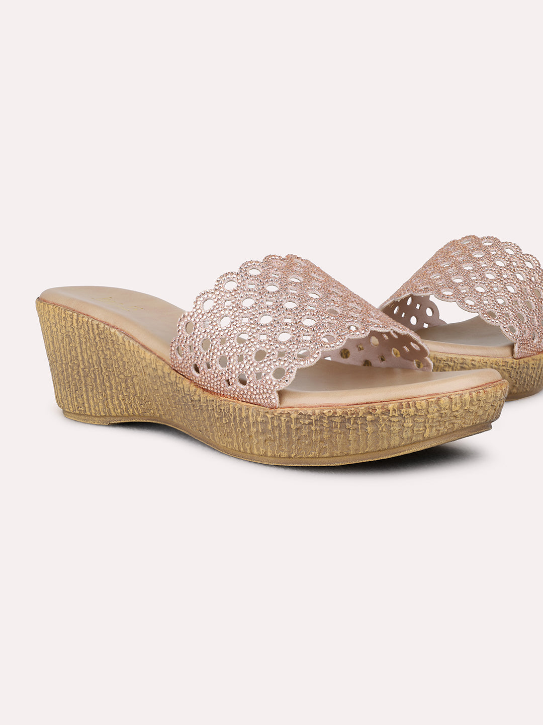 Womens Rose Gold Party Wear Solid Round Toe Wedge Heel Sandals