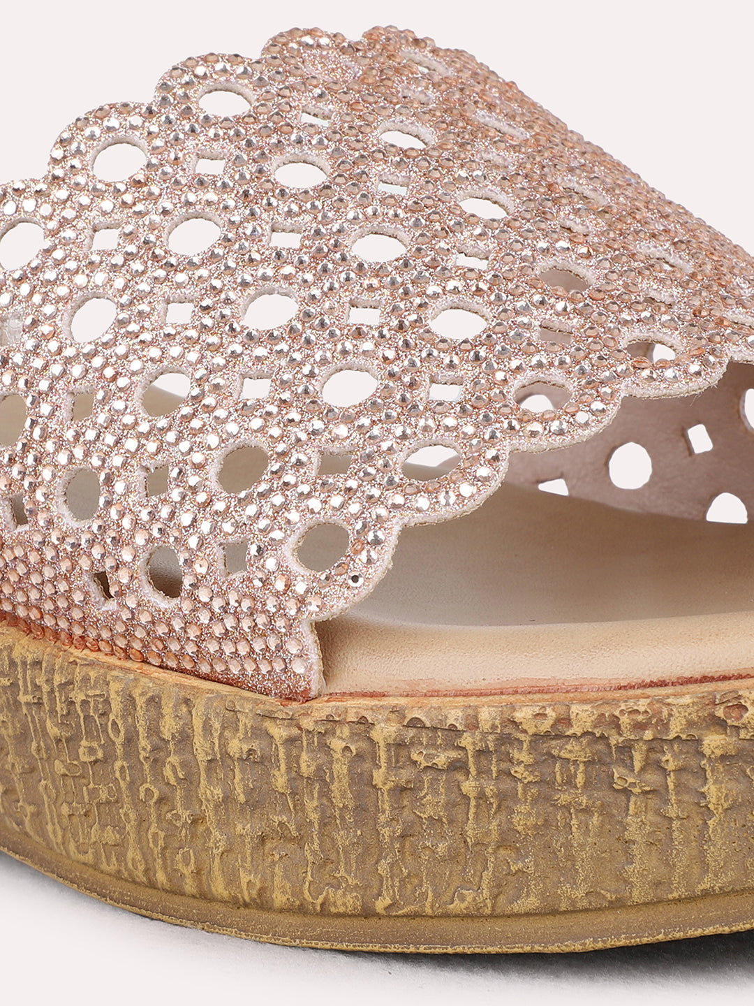 Womens Rose Gold Party Wear Solid Round Toe Wedge Heel Sandals