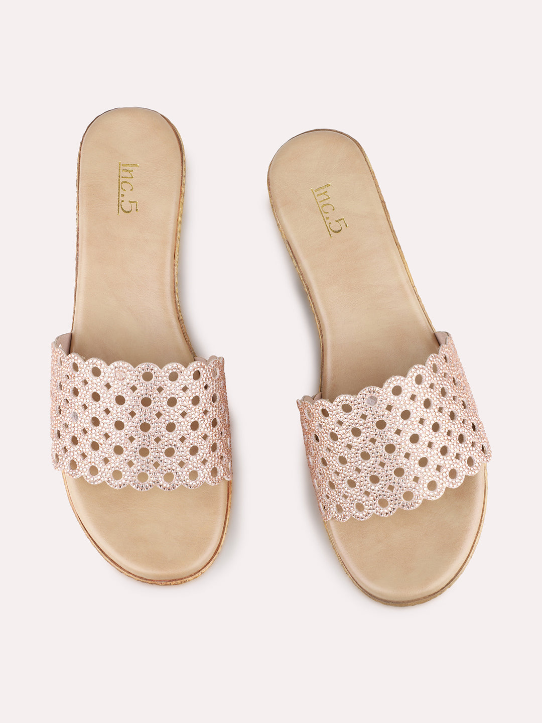 Womens Rose Gold Party Wear Solid Round Toe Wedge Heel Sandals