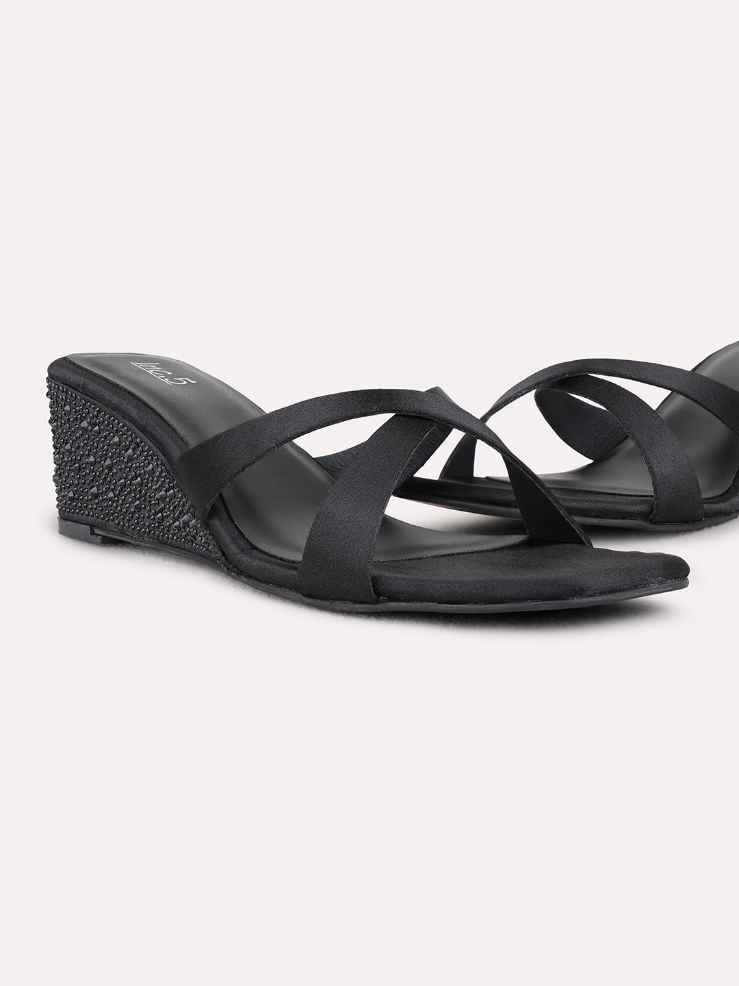 Womens Black Party Wear Solid Square Toe Wedge Heel Sandals