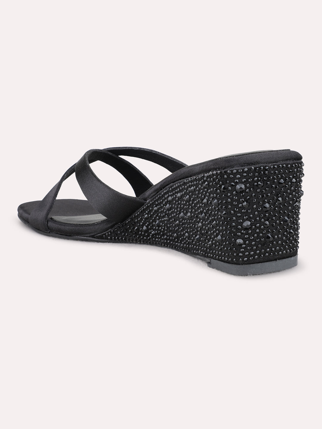 Womens Black Party Wear Solid Square Toe Wedge Heel Sandals