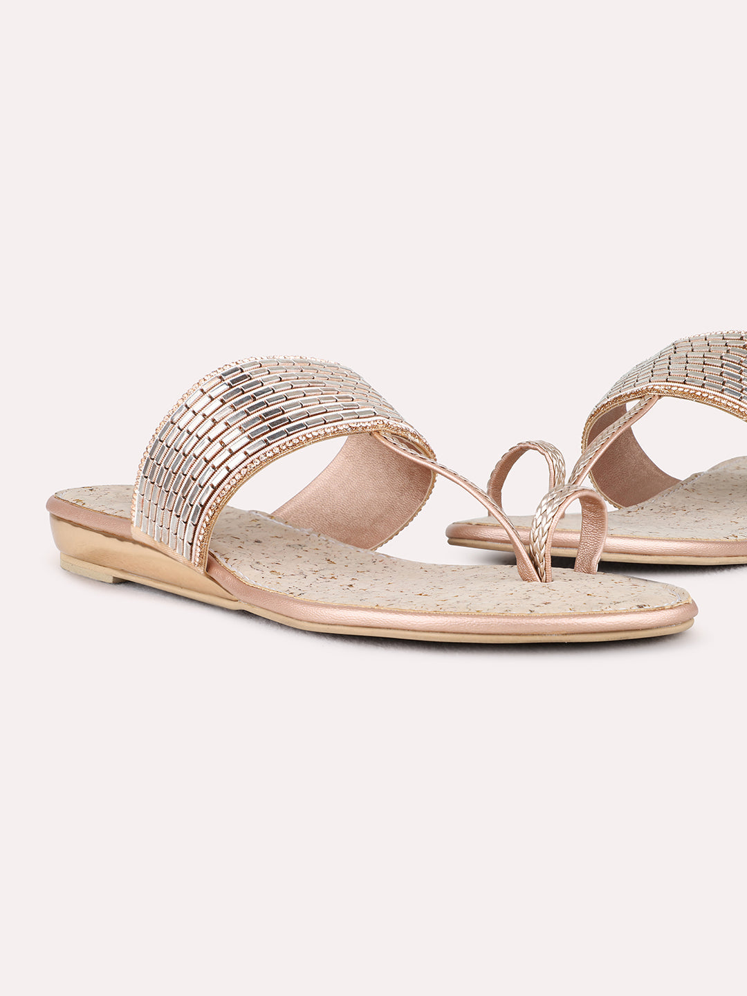 Womens Rose Gold Party Wear Embellished One Toe Flat Sandals