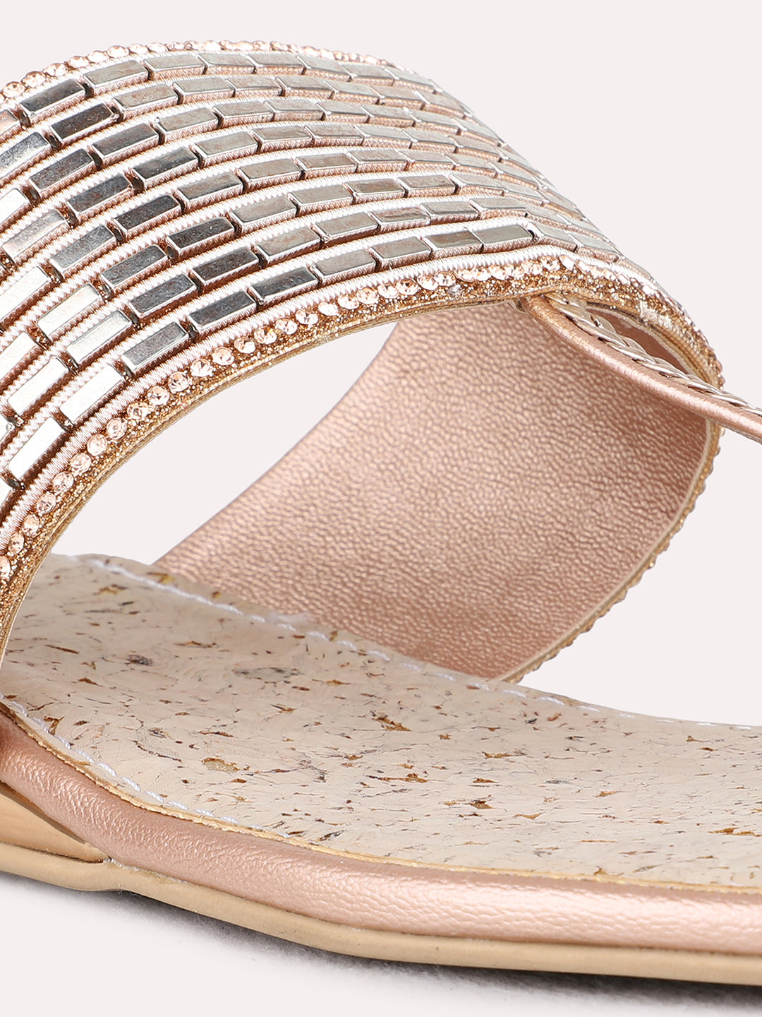 Womens Rose Gold Party Wear Embellished One Toe Flat Sandals