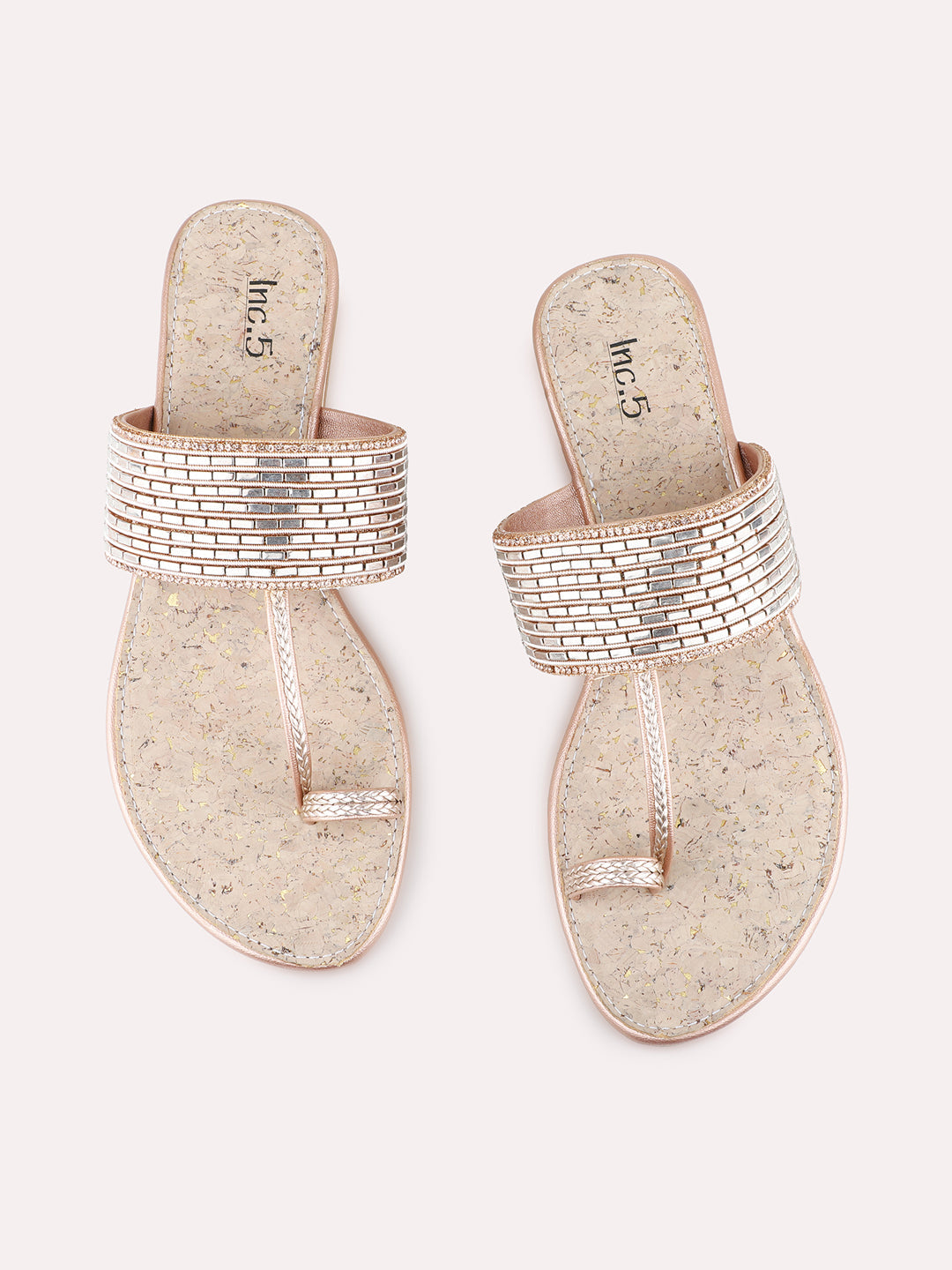 Womens Rose Gold Party Wear Embellished One Toe Flat Sandals