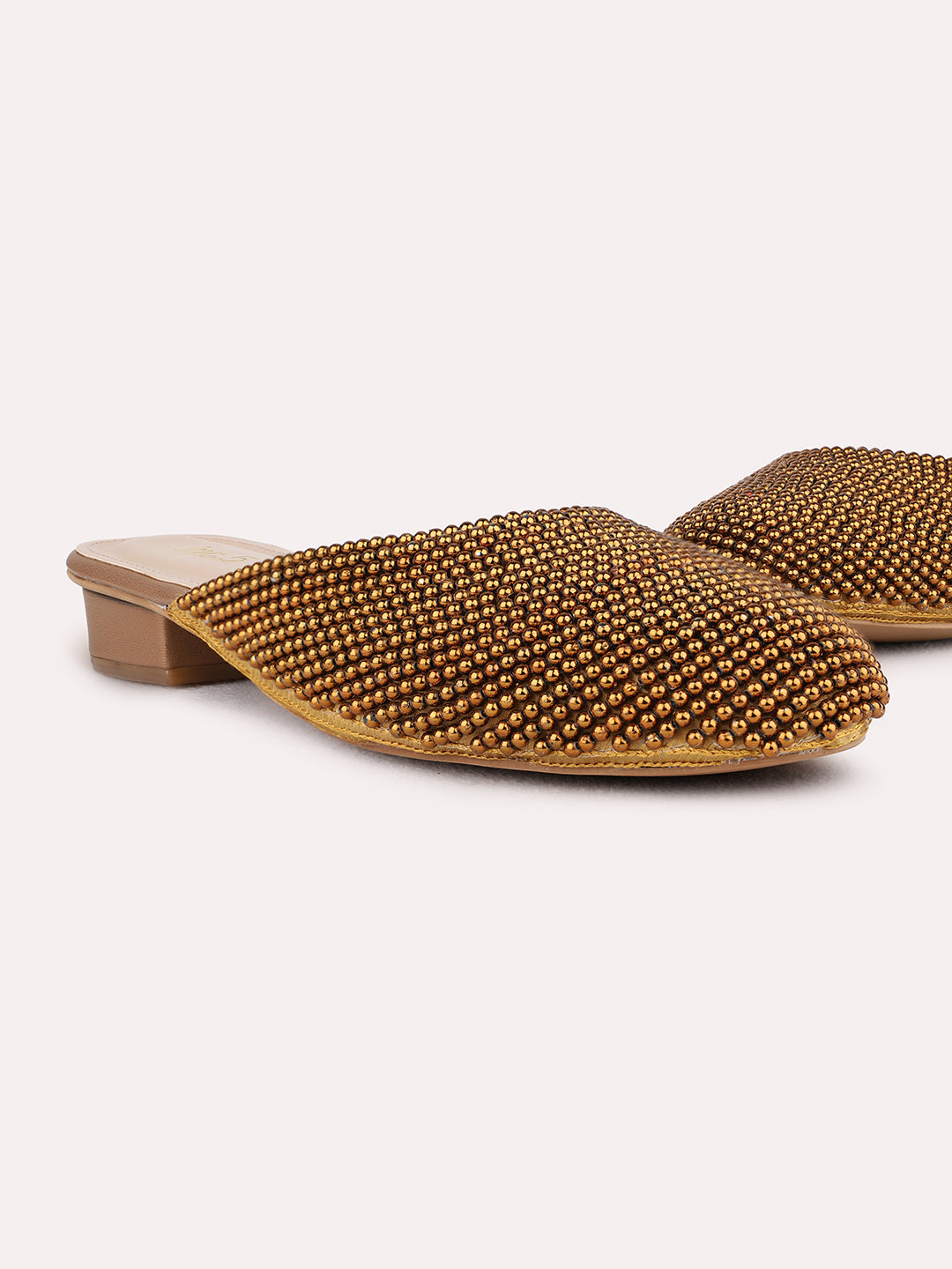 Womens Golden Party Wear Embellished Round Toe Block Heel Mules