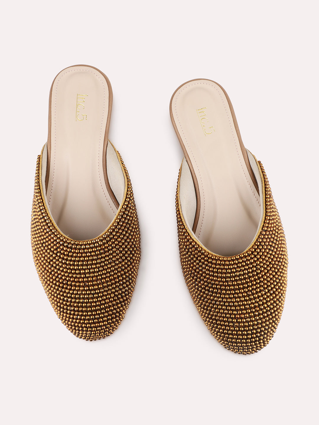 Womens Golden Party Wear Embellished Round Toe Block Heel Mules