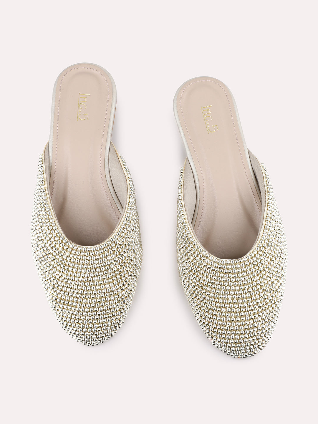 Womens Golden Party Wear Embellished Round Toe Block Heel Mules