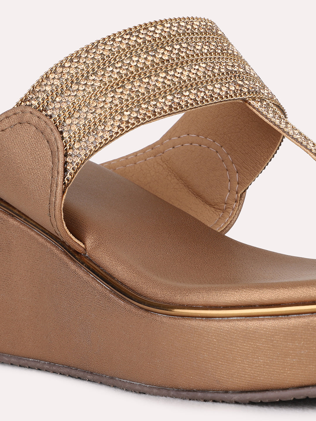 Womens Golden Ethnic Wear Embellished Round Toe Wedge Heel Sandals