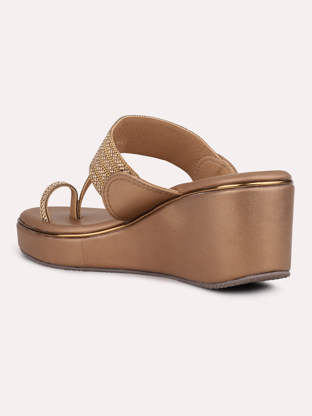 Womens Golden Ethnic Wear Embellished Round Toe Wedge Heel Sandals