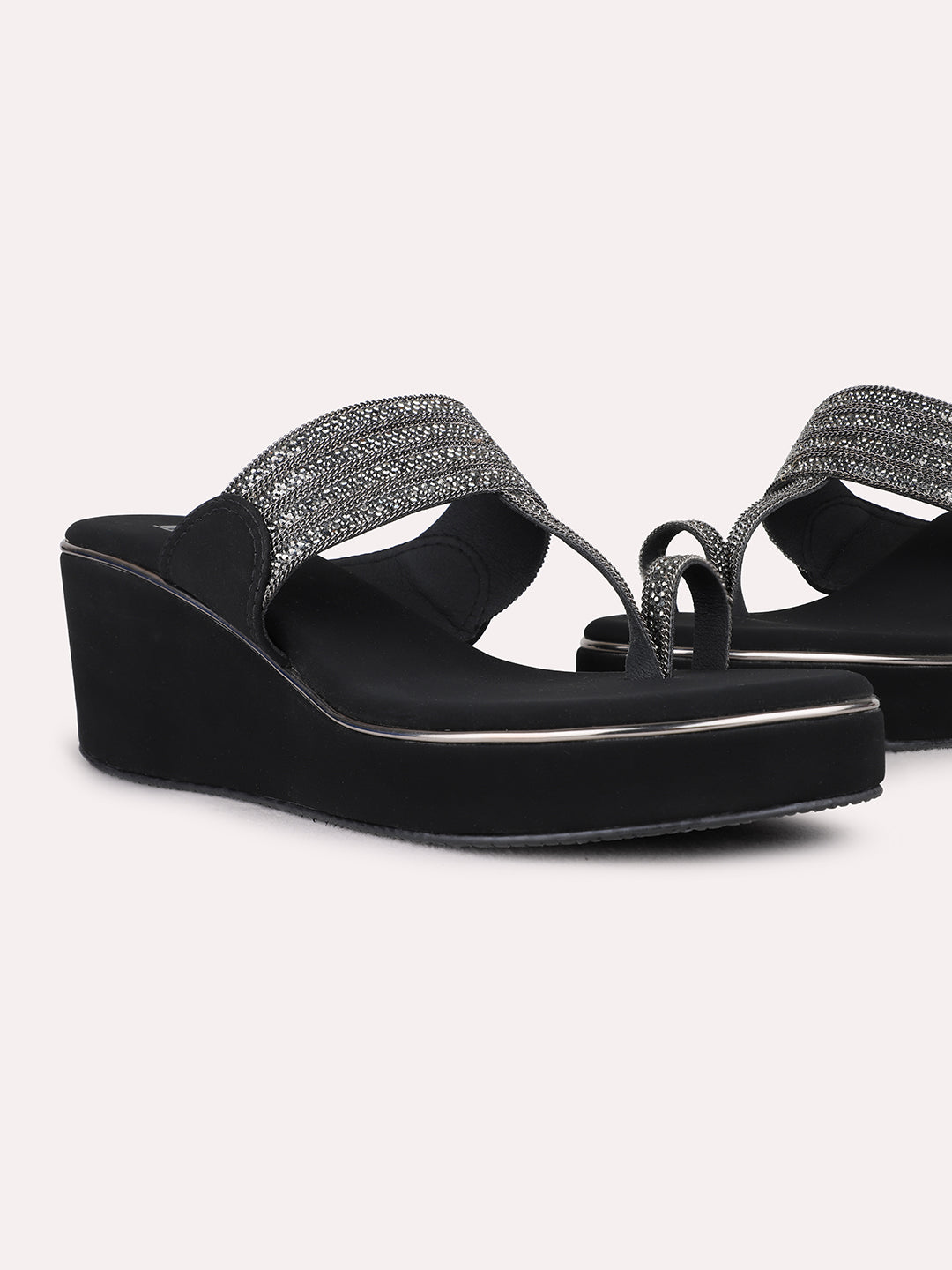 Womens Black Ethnic Wear Embellished Round Toe Wedge Heel Sandals