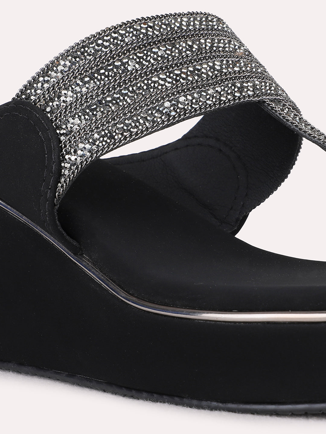 Womens Black Ethnic Wear Embellished Round Toe Wedge Heel Sandals