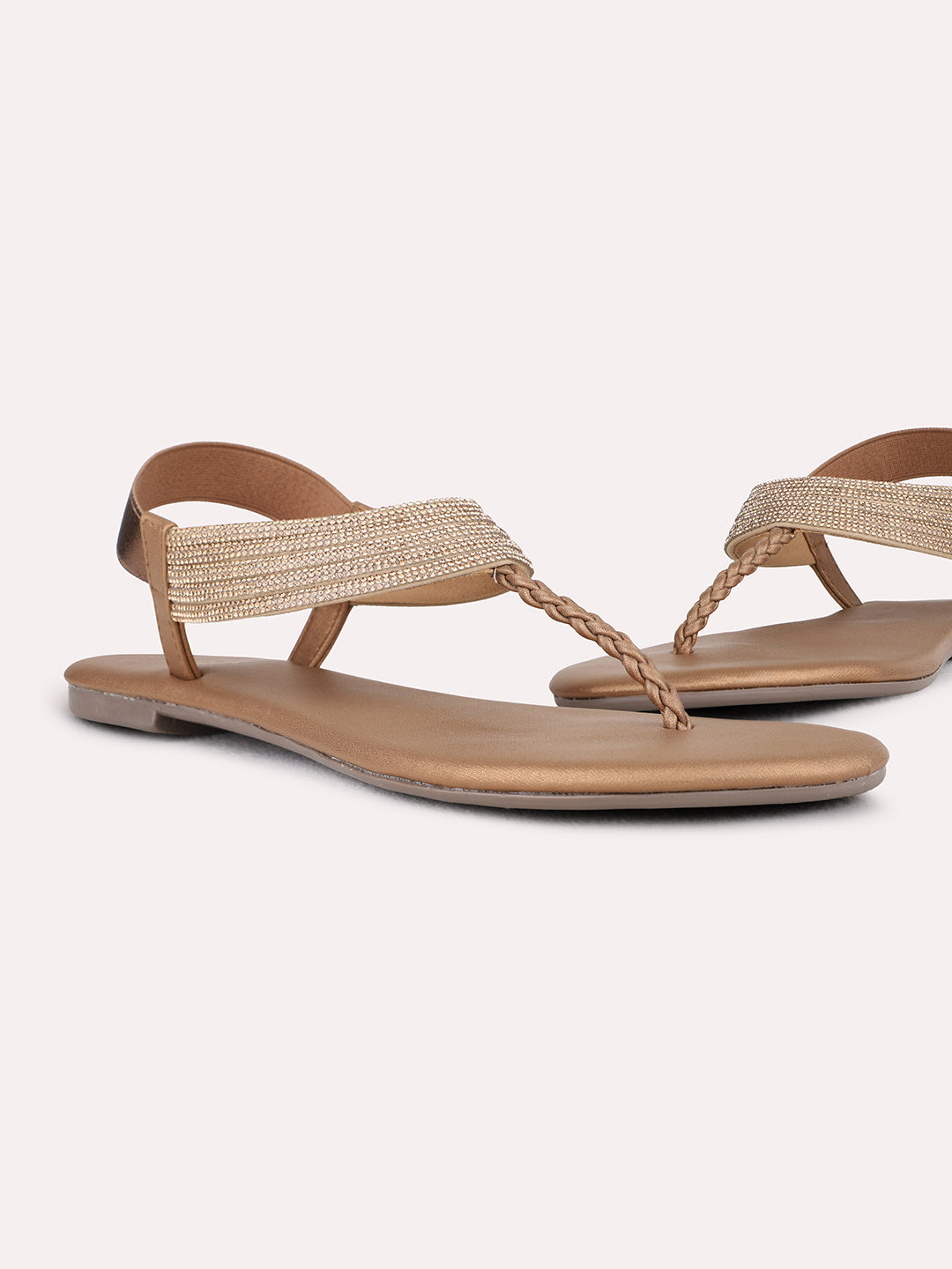 Womens Golden Ethnic Embellished T-Strap Flats